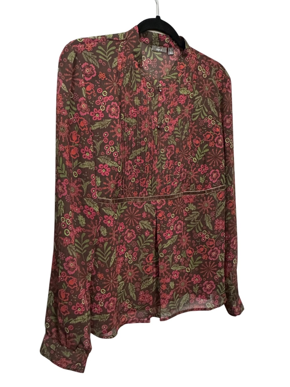Apt 9 Floral Sheer Blouse Velvet Trim Pintuck Long Sleeve Brown Pink L - Picture 4 of 11